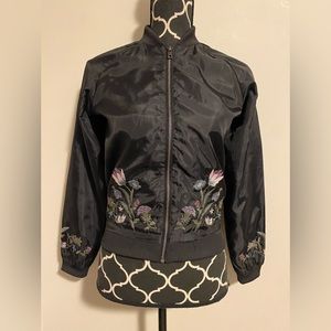 EUC Love Fire Black Floral Embroidered Bomber Jacket size XS